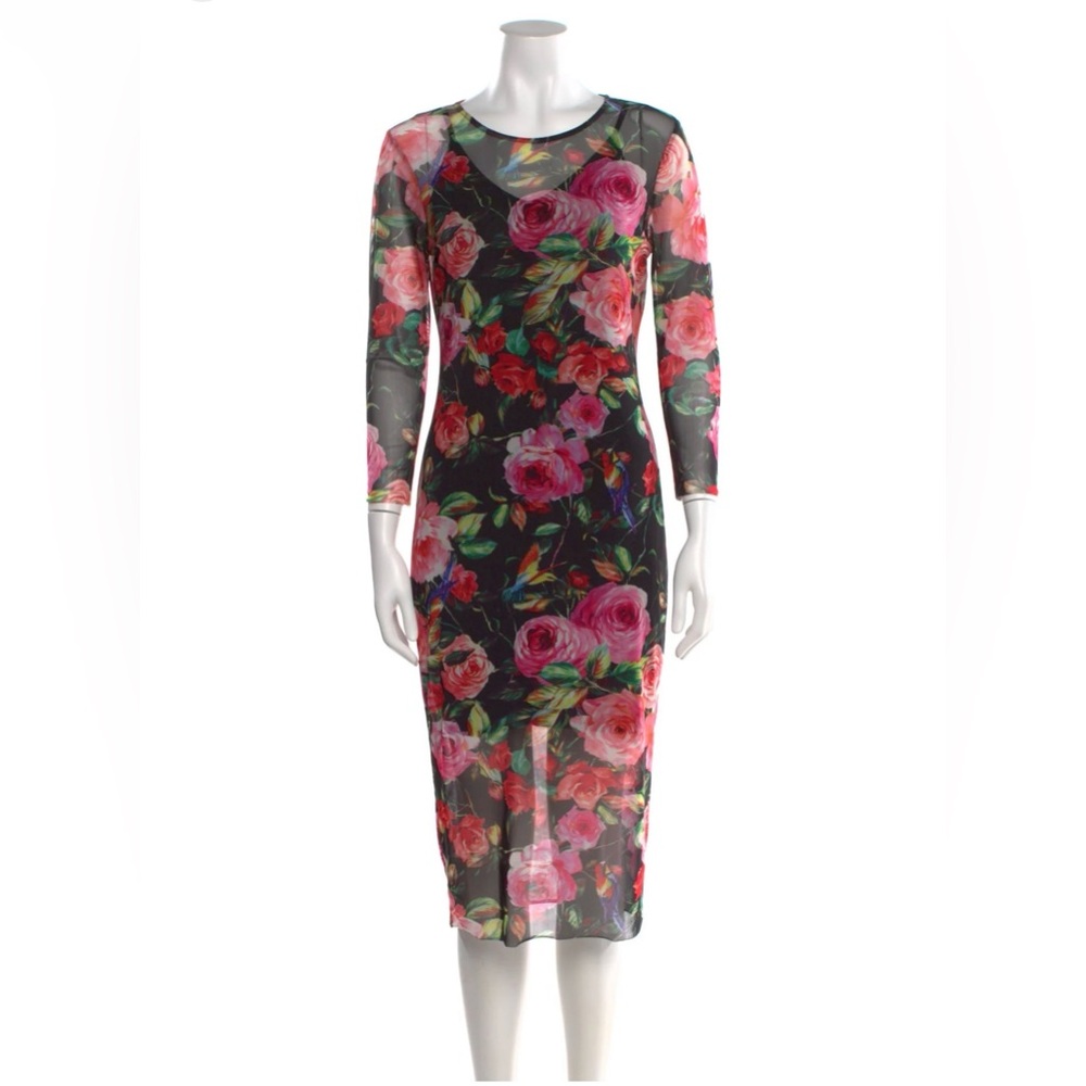 Neiman Marcus Mesh Floral Hummingbird Dress